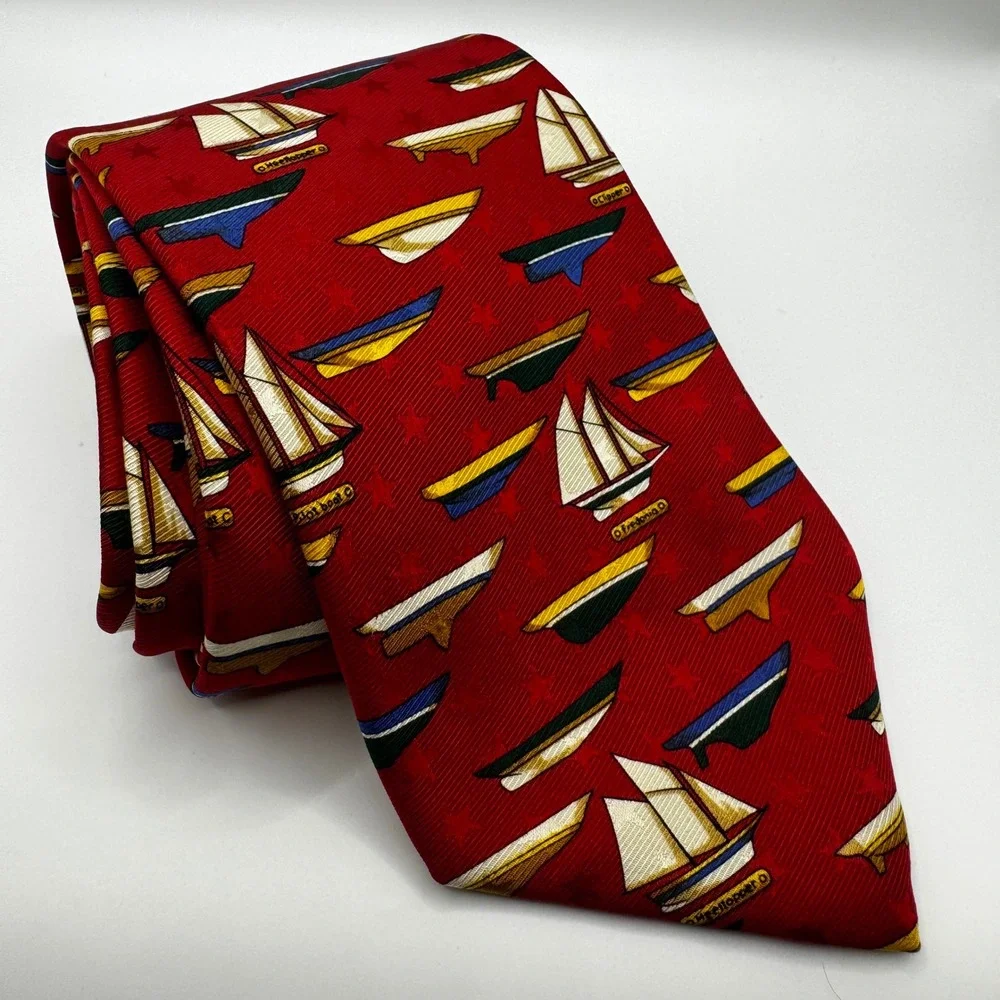 Lands End Mens Red Sailboat Nautical Silk Tie Vintage USA Luxury Designer